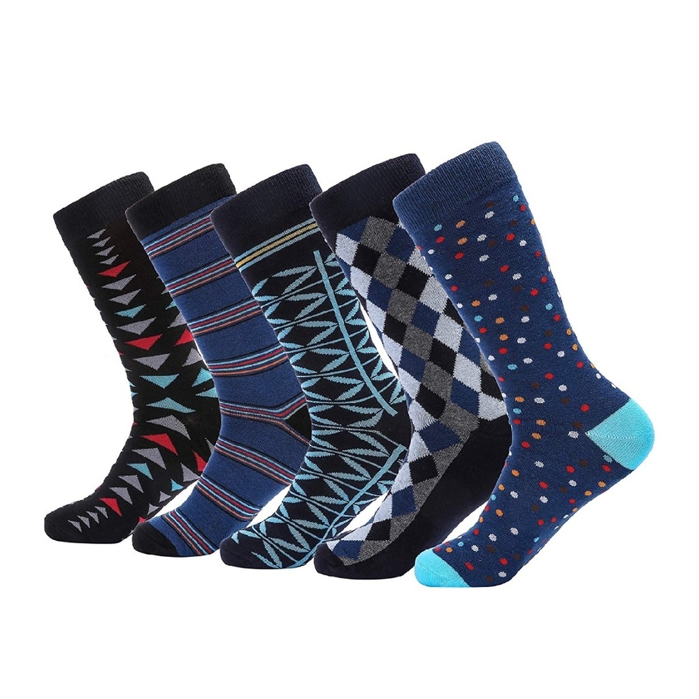 Mens Geometric Print Cotton Dress Socks 5pk Blue